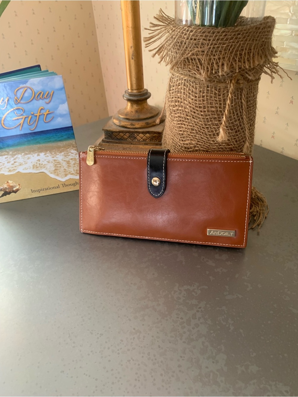 ANDOILT woman’s genuine Cowhide leather wallet, BROWN luxury oil glossy waxed.
